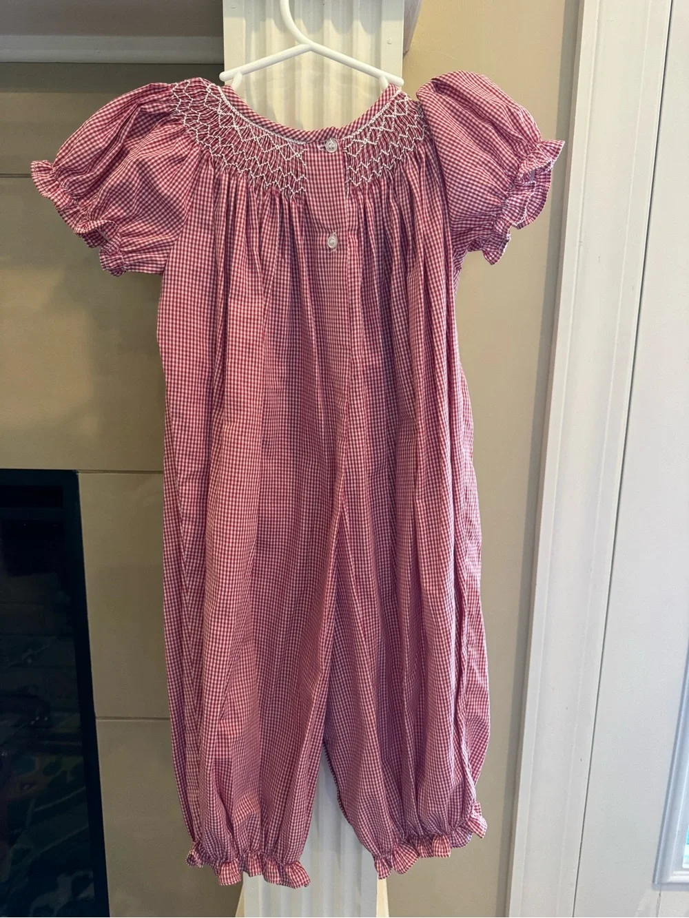 Red Gingham Baby Bubble Romper with Smocked Yoke
